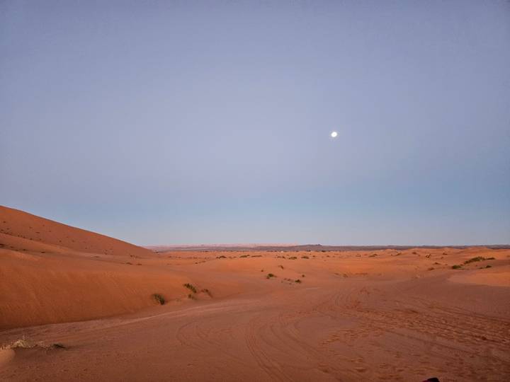 Vast moonlit dunes stretch beneath a pastel desert dawn sky.