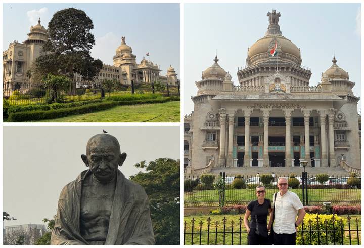 Collage showing Bangalore's Vidhana Soudha, Gandhi statue, and tourists posing.