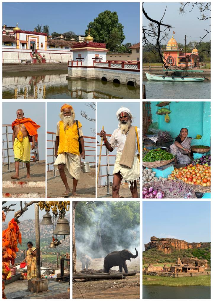 Collage featuring sadhus, vendors and fresh produce in rural India.