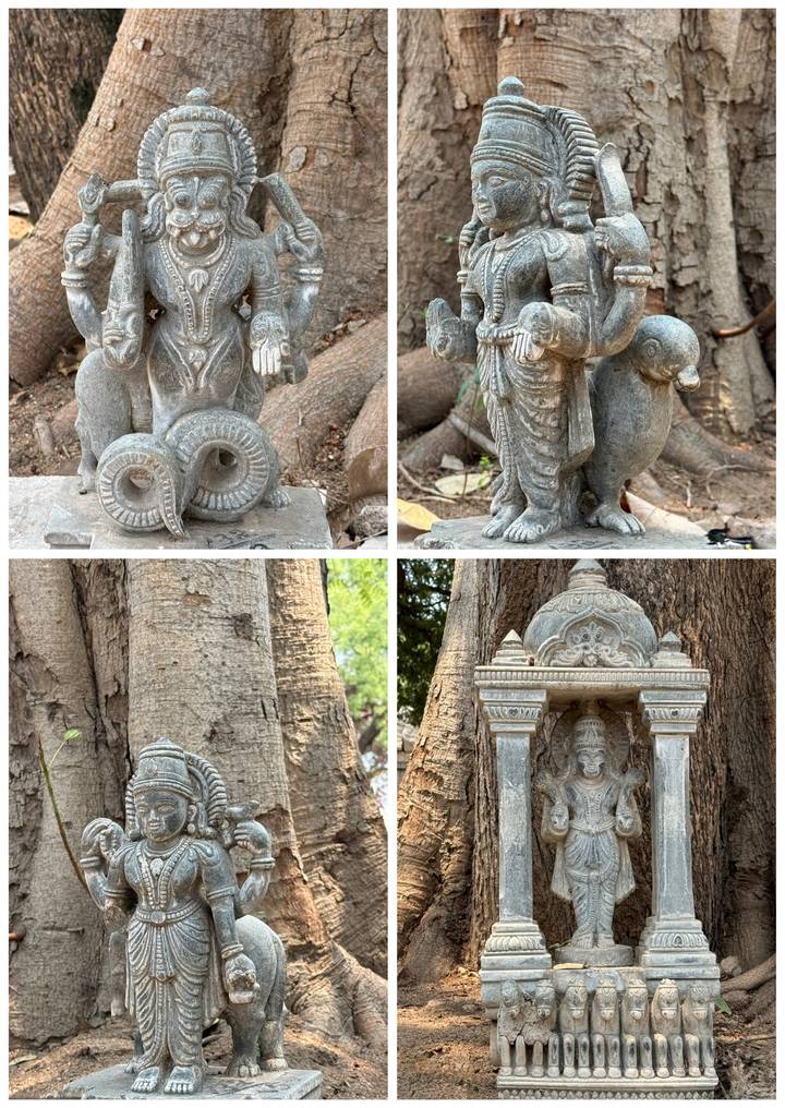 Compilation of small stone animal and deity statues under large trees.
