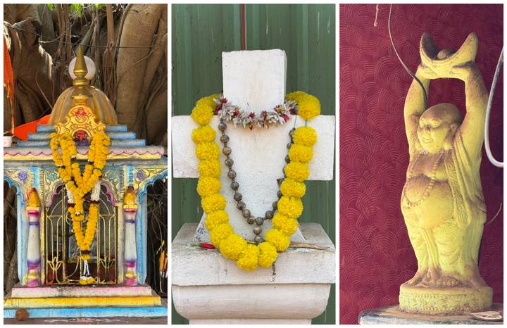Triptych showing colorful flower garlands and small roadside shrine.