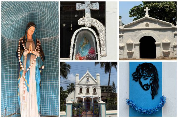 Collage of small roadside chapels and Christian iconography in coastal India.