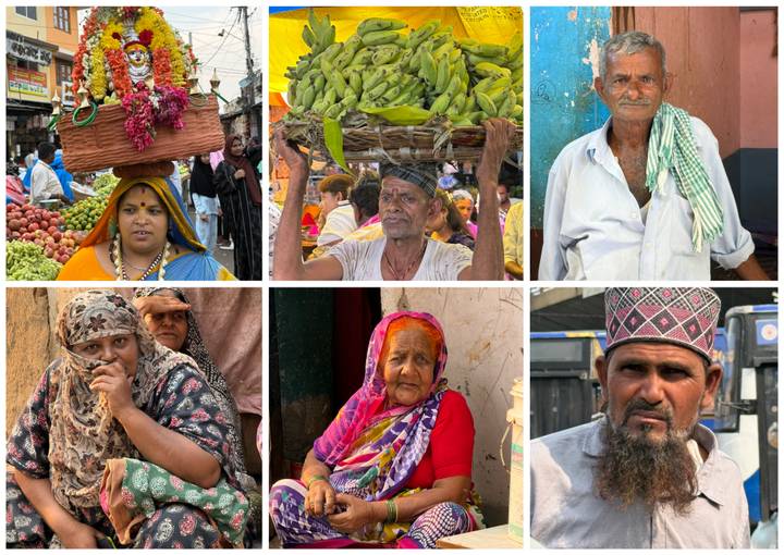 Portrait collage of market sellers carrying produce and posing for camera.