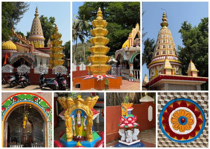 Collage of brightly painted Hindu temple towers and decorative pillars.