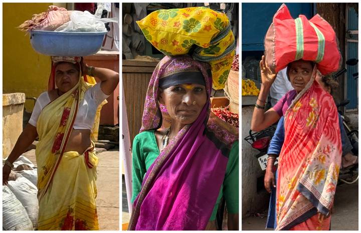 Vertical strip of portraits showing rural women carrying heavy loads on their heads.