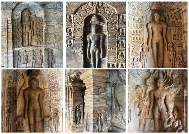 Grid of Jain relief sculptures and pillars carved into cave walls.