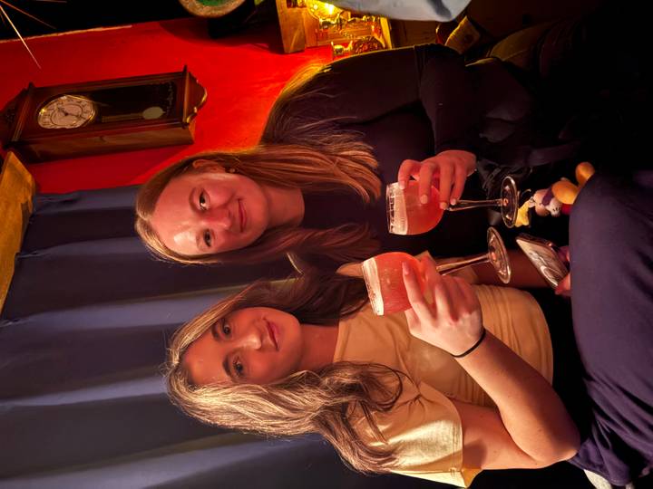 Two friends toast with cocktails in a cozy, warmly lit bar.