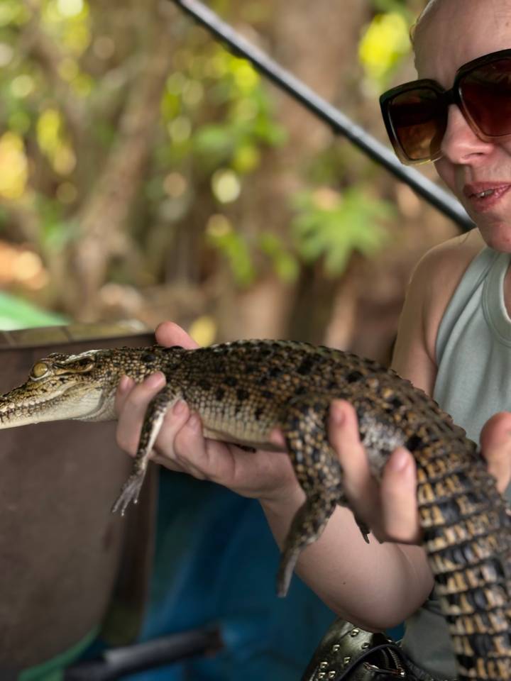 Person gently holds a small crocodile hatchling with soft focus background