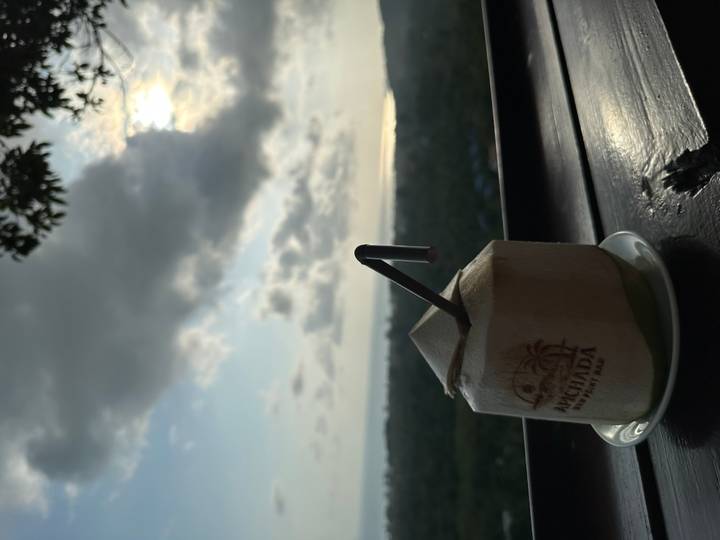 Fresh coconut drink on a terrace table overlooking forest and ocean at hazy sunset.