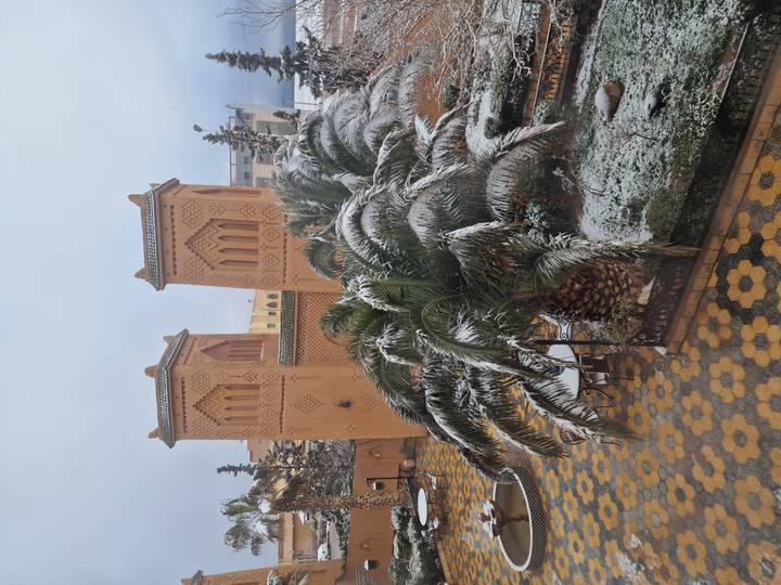 Snow-dusted palm tree and adobe towers of a kasbah courtyard with patterned tiles after snowfall