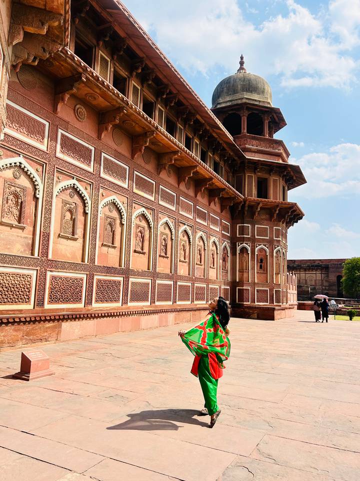 Woman gazing up at the ornate red-sandstone walls and carved niches of Agra Fort on a sunny day