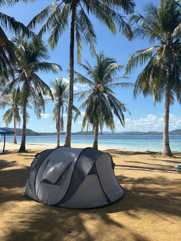Camping tent set up on sandy palm-fringed beach beside clear tropical lagoon
