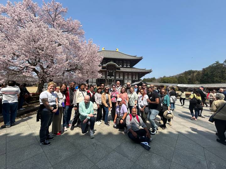 Large tour group poses under cherry blossoms in front of Nara’s historic Todaiji temple on a sunny day.