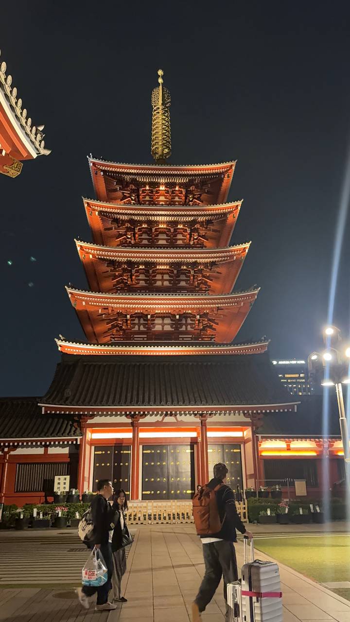 Illuminated five-story pagoda tower against the night sky in Tokyo.