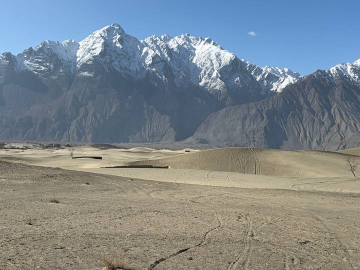 Sweeping view of golden sand dunes with dramatic snow-capped Karakoram peaks towering behind under a clear blue sky.