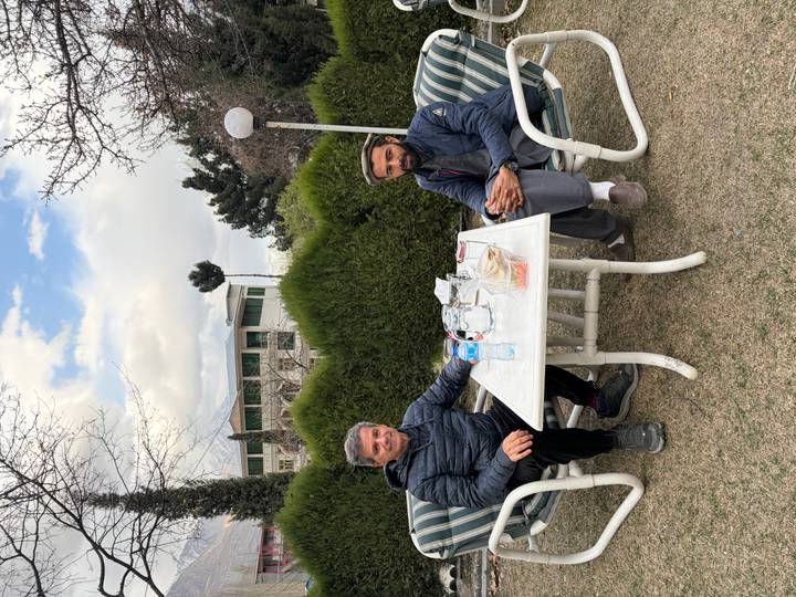 Two men enjoy tea at a garden table in a guest-house yard framed by lush hedges and trees.