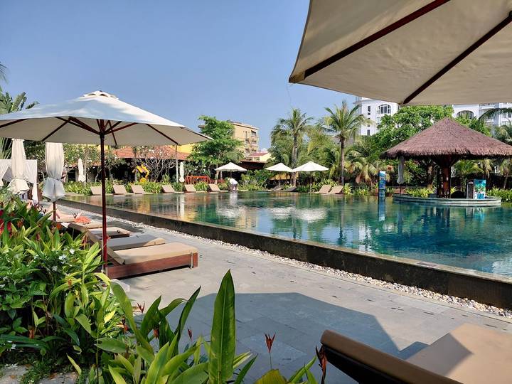 Luxury resort swimming pool bordered by loungers, umbrellas and tropical plants on a sunny day.