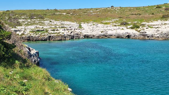 Turquoise inlet bordered by white limestone rocks and a grassy hillside under bright sunshine.