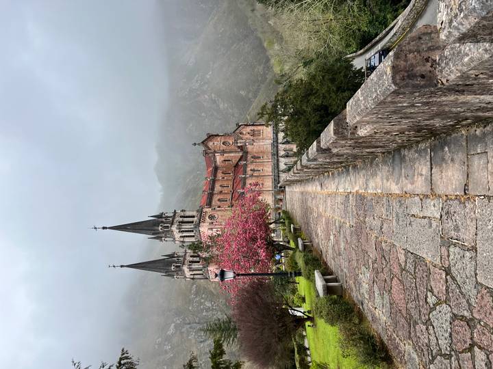 Stone walkway lined with benches leading to mist-veiled basilica amid spring blossoms and mountains.