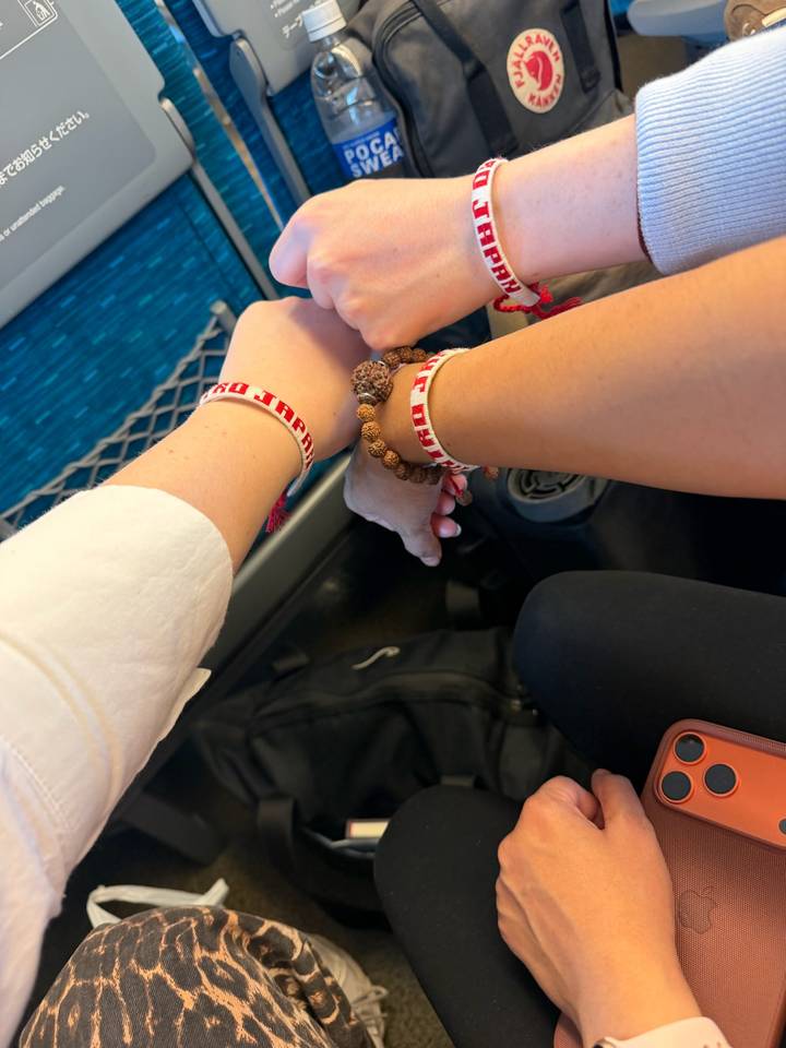 Close-up of two travellers’ wrists wearing souvenir bracelets while riding a train with blue seats.