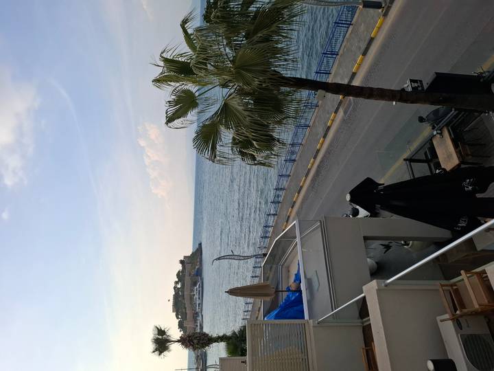 A coastal street view with palm tree, outdoor café and calm blue sea under a hazy sky.