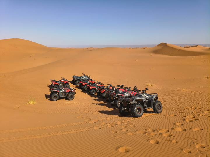 A fleet of red and black quad bikes lines up on rippled orange sand dunes.
