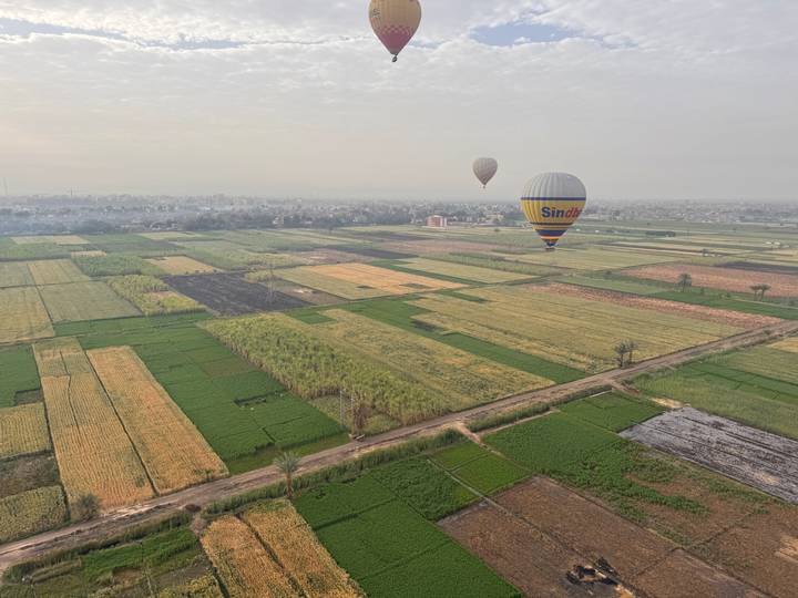 Hot-air balloons drift above patchwork of green and yellow farmlands in morning haze