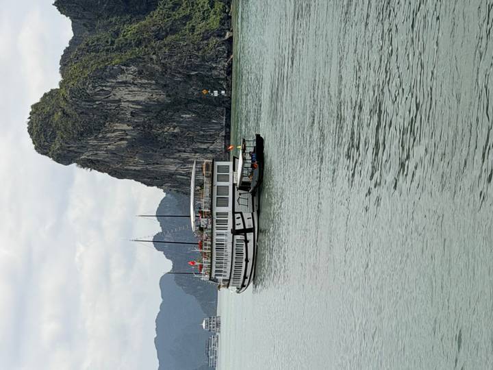 White cruise boat passes a towering limestone cliff in Ha Long Bay's emerald waters.