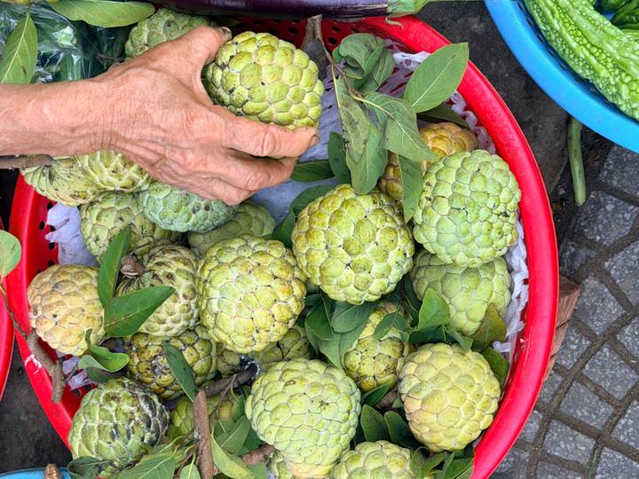 Vendor hand reaches for green custard apples piled in a red basket at a market.