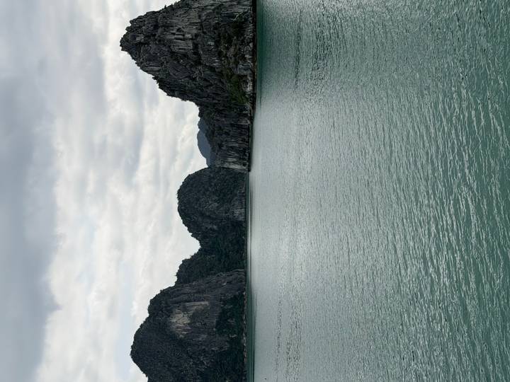 Serene wide view of Ha Long Bay’s green waters framed by limestone cliffs under cloudy sky.