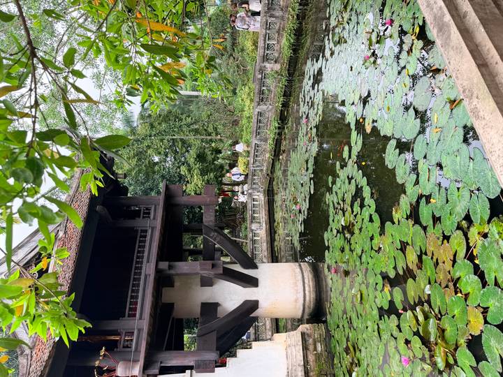 View of the One Pillar Pagoda rising above a lotus-filled pond bordered by greenery.