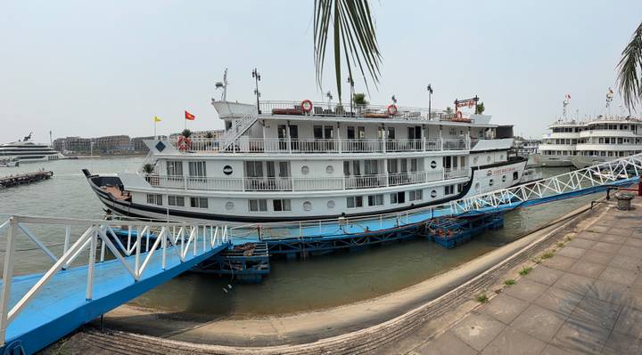 White multi-deck cruise ship moored at a pier with gangway extending over calm water