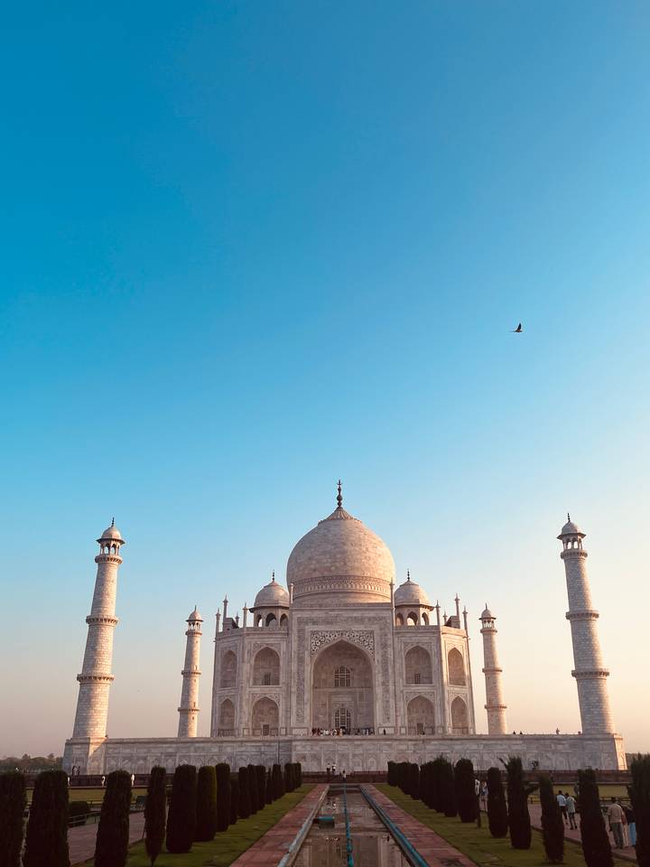 Minimalist composition of Taj Mahal domes and minarets rising into a vast clear blue sky with lone bird.