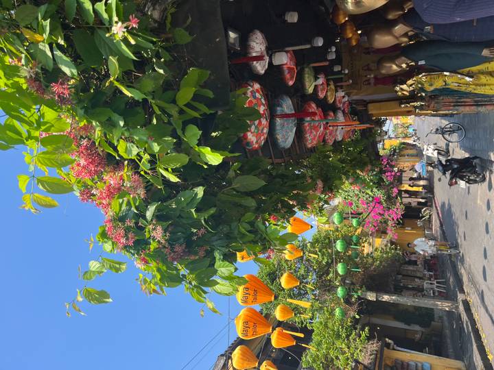 Colorful street in Hoi An lined with lanterns, flowering vines and small shops under a clear blue sky; a scooter and cyclist pass by.