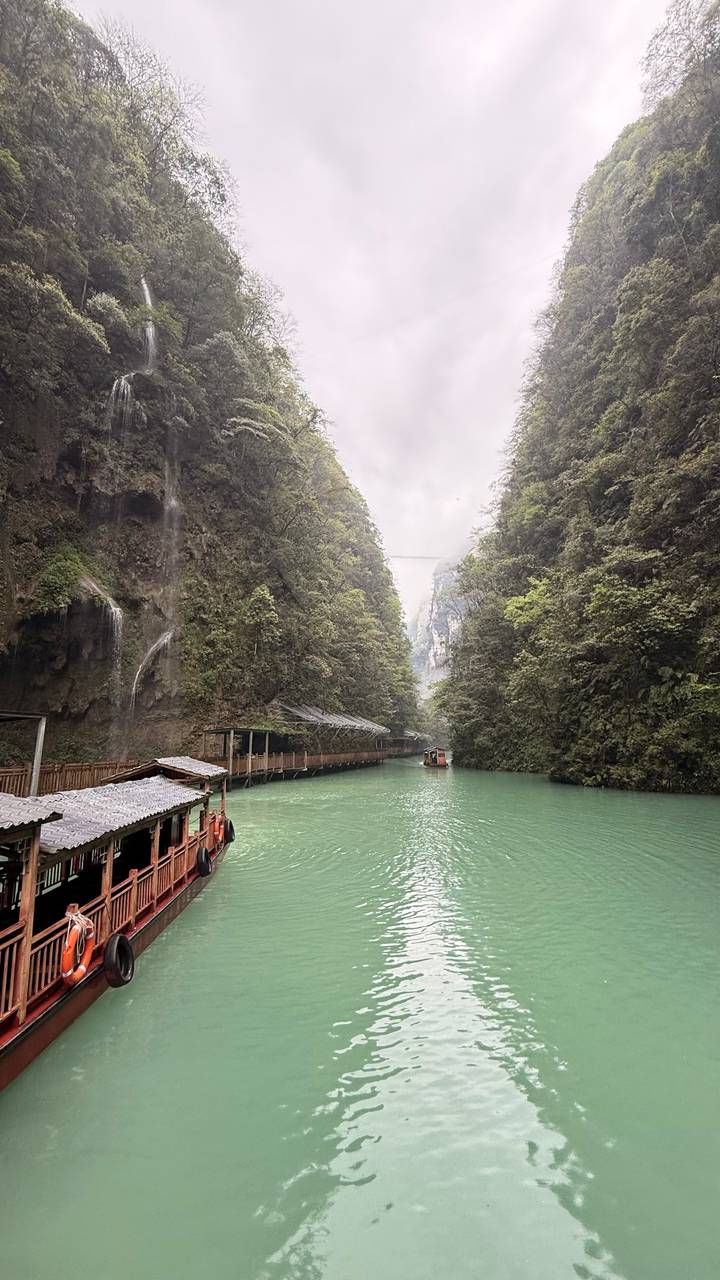 Narrow turquoise river winding between steep forested canyon walls with a small red tour boat ahead.