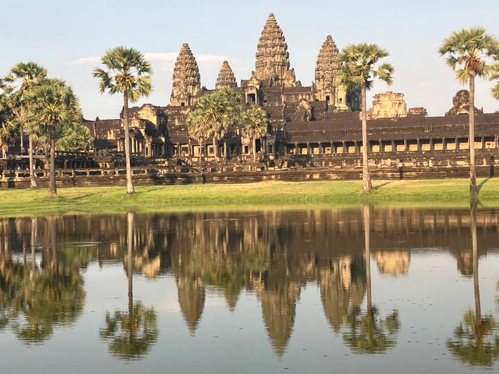Iconic Angkor Wat temple reflected in still pond framed by tall palm trees.