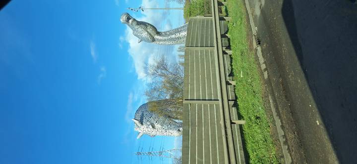 Metallic horse-head sculptures peeking over roadside barrier under bright blue sky.
