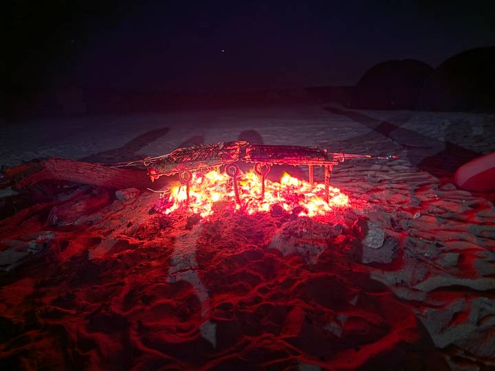 Meat grilling on a metal rack over glowing coals in the desert at night.
