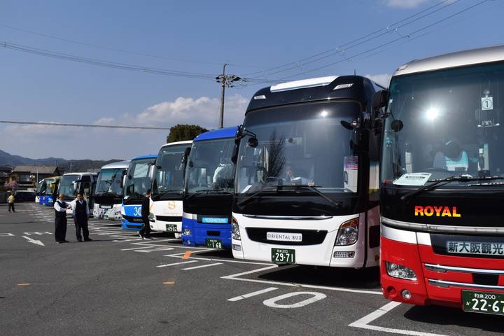 Row of colourful tour buses parked in a lot with two attendants conversing in front.
