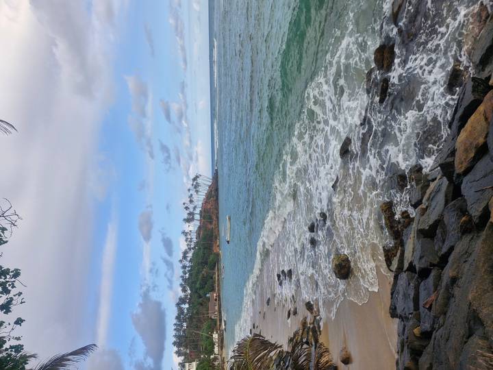 Gentle surf washes a sandy tropical beach lined with distant leaning palm trees and a small boat.