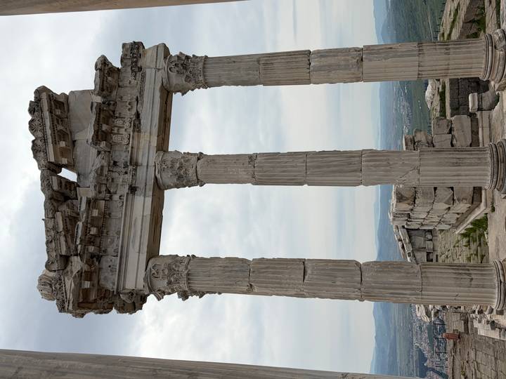 Tall Corinthian columns and ruined entablature of Pergamum’s Temple of Trajan