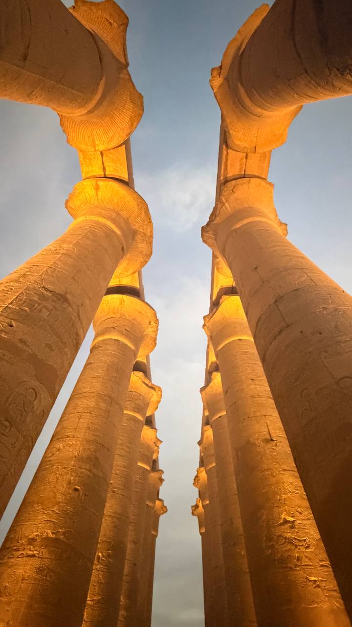 Illuminated ancient columns glowing against dusky sky at Luxor Temple