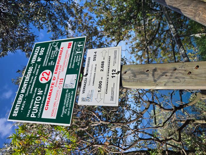 Trail signpost for Sentiero Monterosso-Vernazza hiking path with emergency numbers