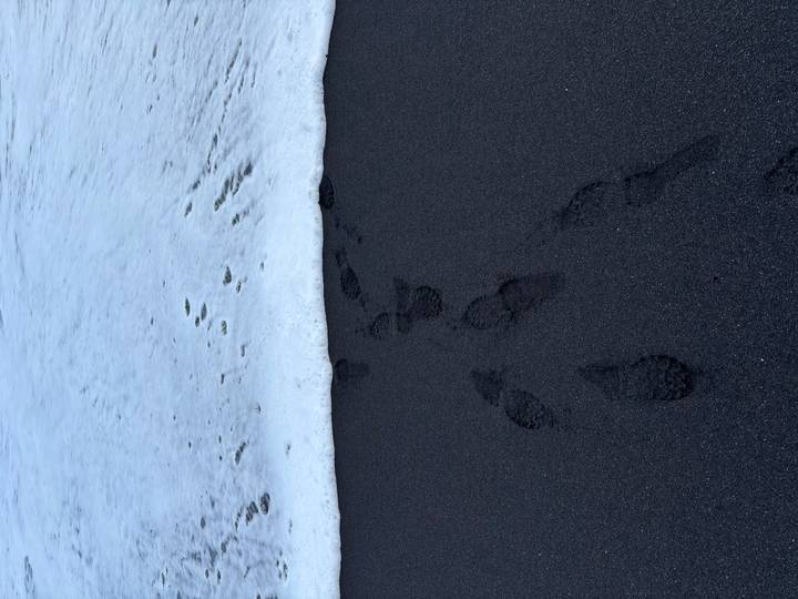 Footprints trail across fine black sand as gentle surf creeps up the beach
