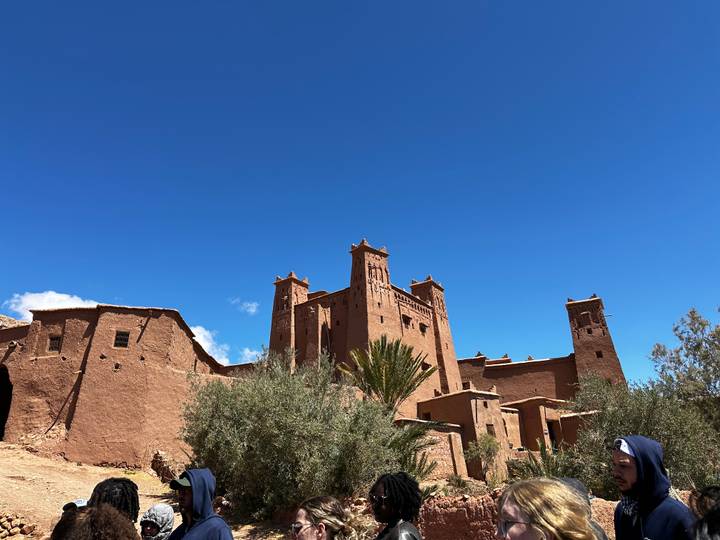 Adobe towers of a historic kasbah rise against a vivid blue sky framed by olive trees.