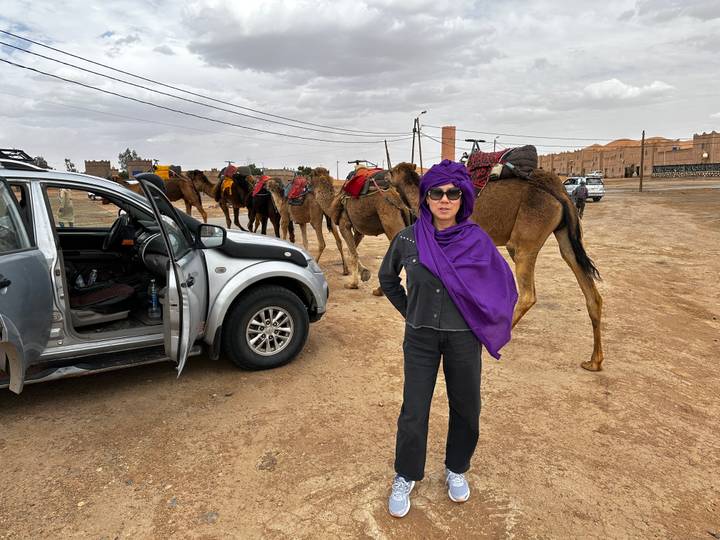 Traveler in purple scarf stands beside camels and a jeep in a dusty desert parking area.