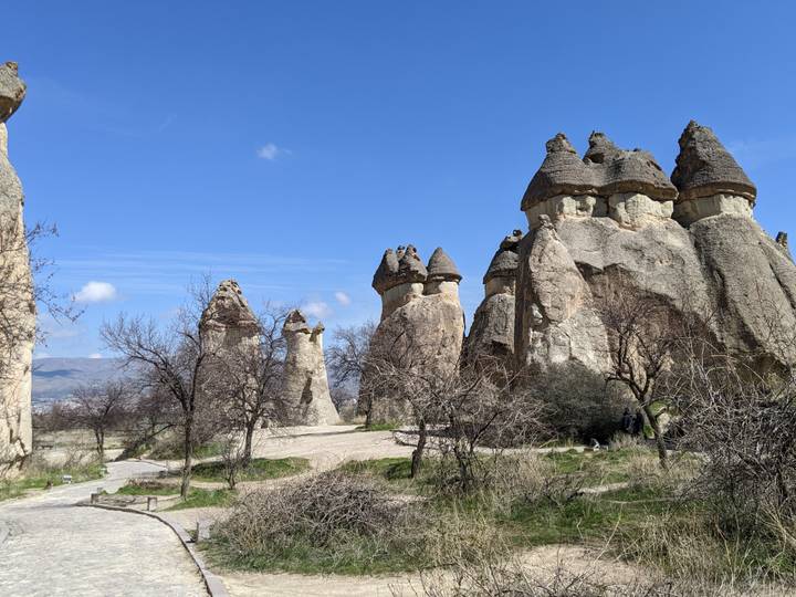 Tall, mushroom-shaped rock formations known as fairy chimneys rising above a sparse landscape under a clear blue sky.