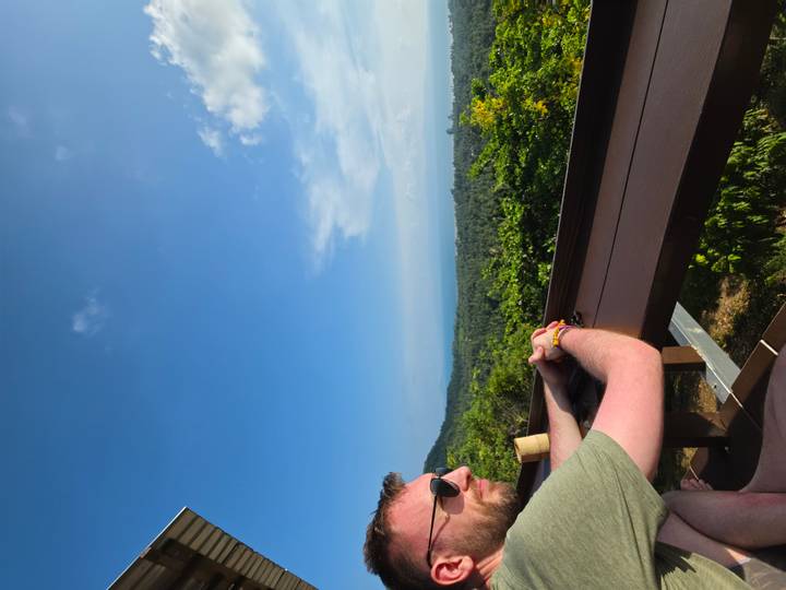 Man wearing sunglasses gazes over a vast forested coastline from a hilltop café viewpoint.
