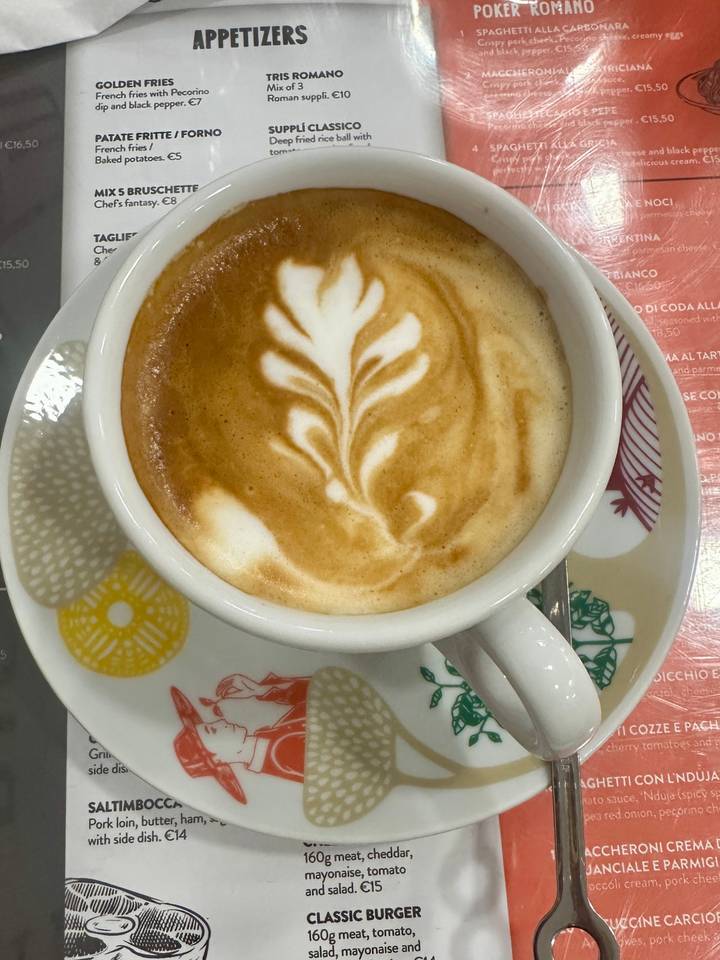 Close-up of cappuccino with elegant latte art served in a patterned cup and saucer