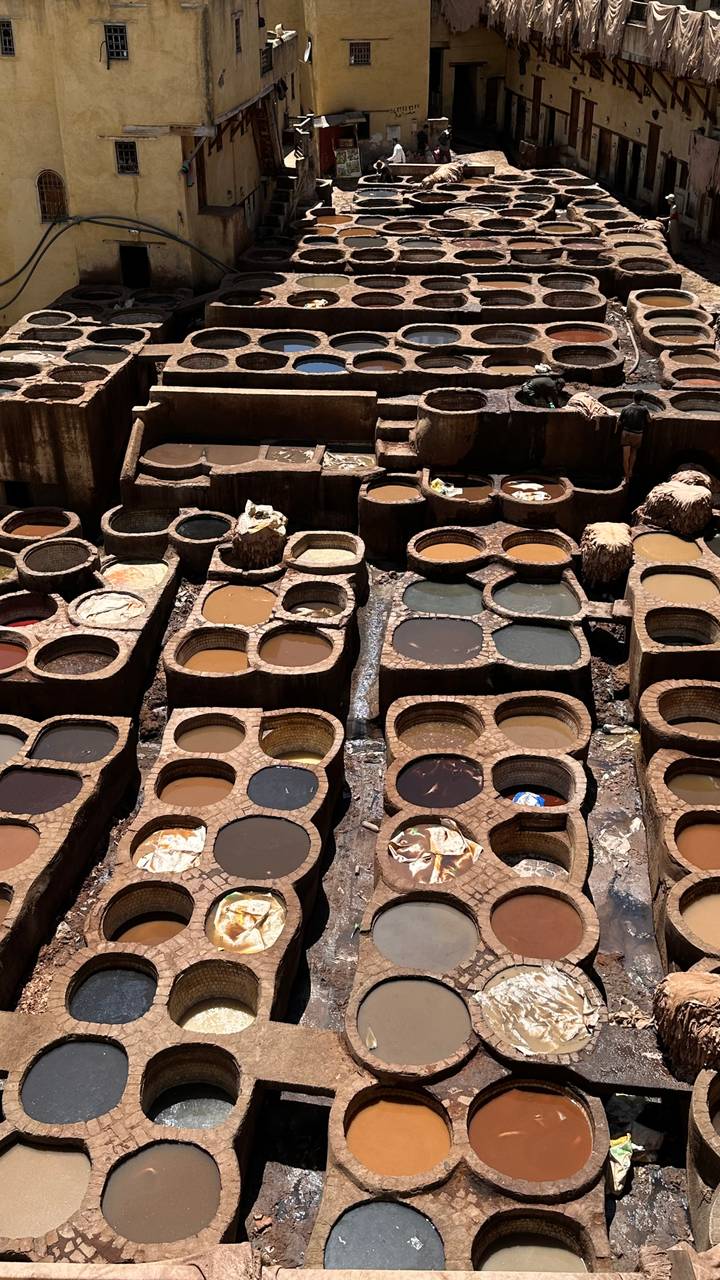 Honeycomb of colourful dye pits at the famous Fes leather tanneries